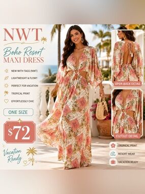 Boho Resort Maxi Dress in Coral Print with Cutout